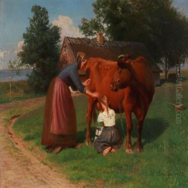 Summer Day At A Farmhouse With A Girl Who Gets The Milk From A Cow Oil Painting by Hans Ole Brasen