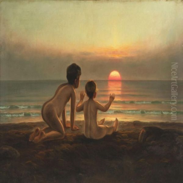 Two Children On The Beach At Sunset Oil Painting by Hans Ole Brasen