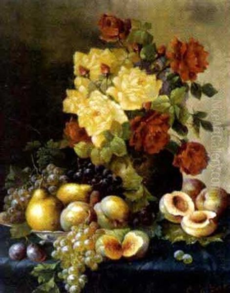 Stilleben Mit Pfirsich, Birnen Und Rosen Oil Painting by Carl Siegfried Stoitzner