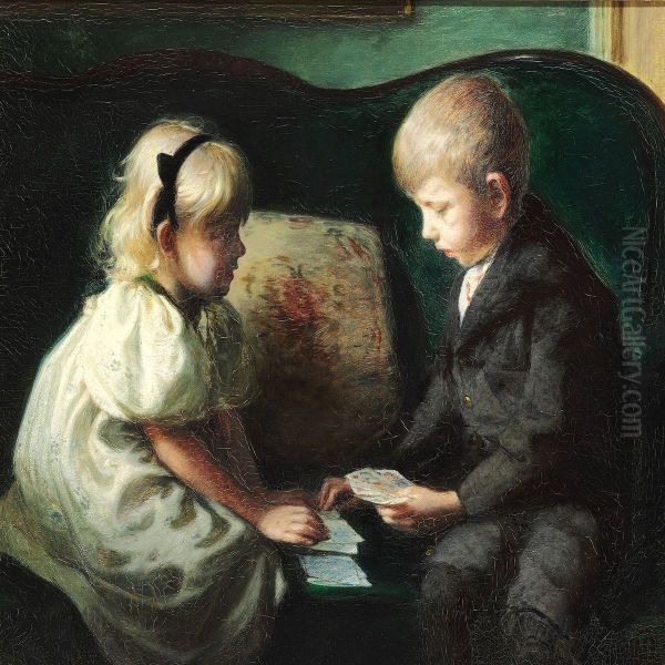 The Silversmith And Toy Designer Kay Bojesen As A Child Playing Cards With His Sister Thyra Oil Painting by Hans Ole Brasen