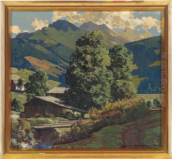 Landschaft Mit Bauernhaus Und Heustadl Im Vintschgau Oil Painting by Josef Stoitzner