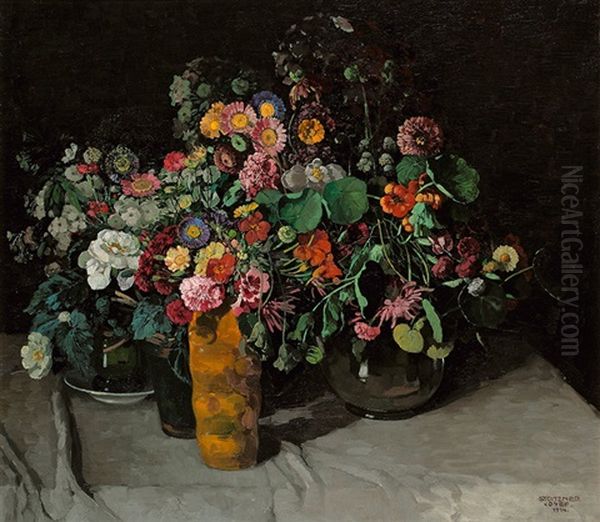 Flower Still Life With Asters, Cloves And Nasturtium Oil Painting by Josef Stoitzner