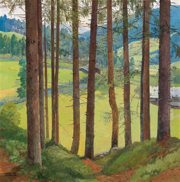 View Of A Hilly Wooded Landscape Through Trees Oil Painting by Josef Stoitzner