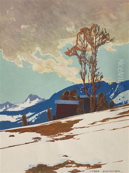 Vorfruhling In Den Tauern Mit Heustadeln Oil Painting by Josef Stoitzner