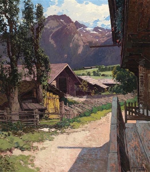 Farm With Mountains In The Background Oil Painting by Josef Stoitzner