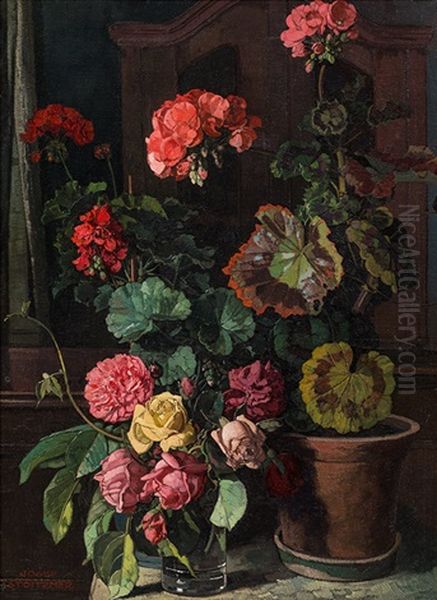 Still Life With Geraniums And Roses Oil Painting by Josef Stoitzner