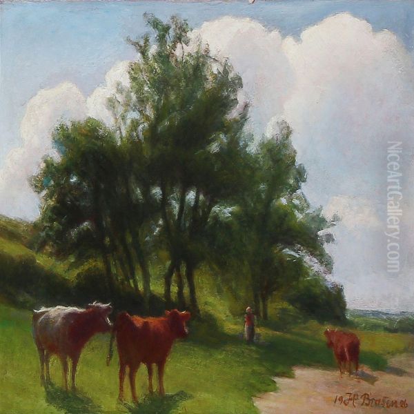 Grazing Cows In A Hilly Landscape Oil Painting by Hans Ole Brasen