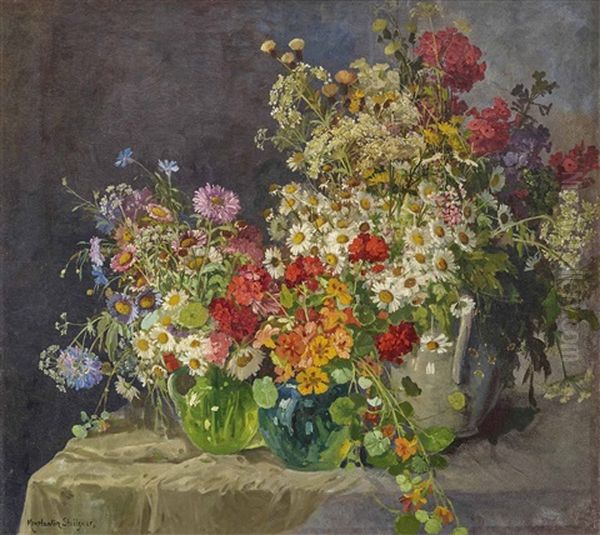 A Still Life With Meadow Flowers In Jugs Oil Painting by Konstantin Stoitzner