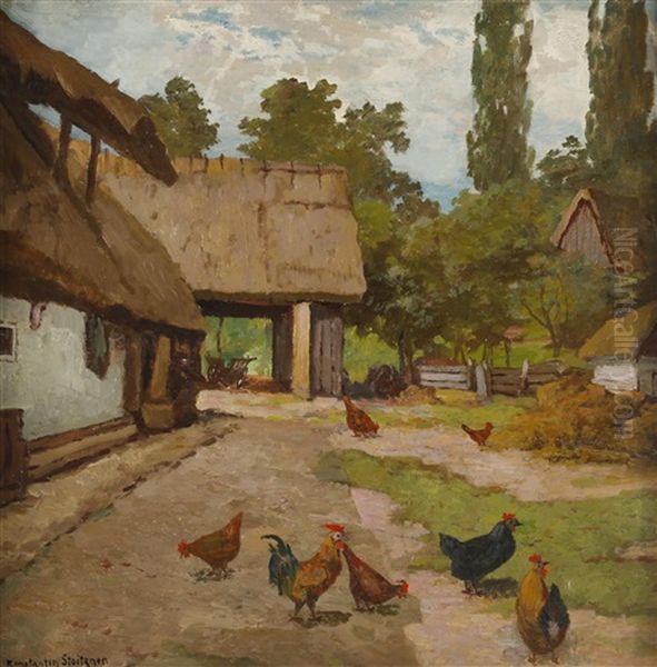 Huhnerhof Oil Painting by Konstantin Stoitzner