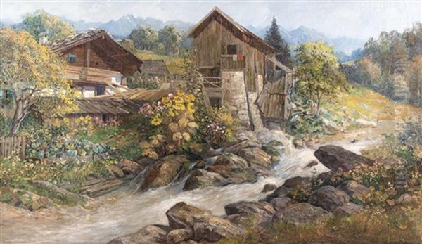 Bauerngehoft Und Muhle In Sommerlicher Alpenlandschaft Oil Painting by Konstantin Stoitzner