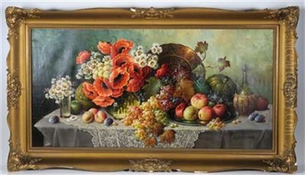 Obststillleben Mit Wiesen- Und Feldblumen Oil Painting by Rudolf Stoitzner