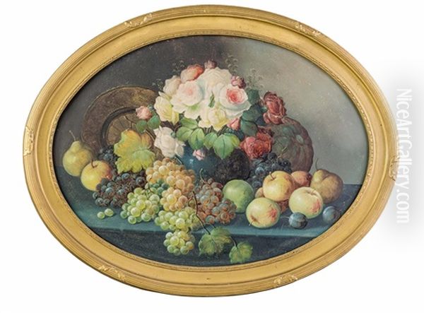 Stillleben Mit Blumen, Fruchten Und Teller Oil Painting by Rudolf Stoitzner