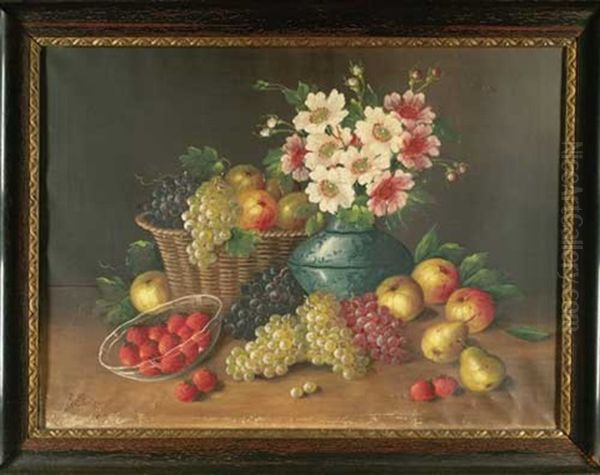 Fruchtestilleben Mit Erdbeeren, Trauben Und Apfeln Mit Rosenstraus by Rudolf Stoitzner