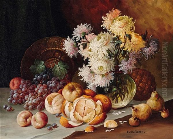 Stillleben Mit Fruchten, Blumen Und Teller Oil Painting by Rudolf Stoitzner