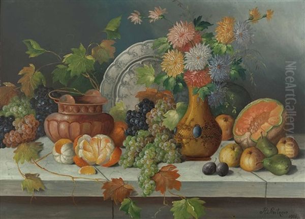 Stillleben Mit Obst, Melone, Blumen Mit Kupferkessel Oil Painting by Rudolf Stoitzner