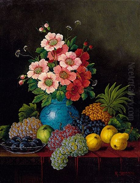 Stilleben Mit Fruchten Und Blutenstraus Vor Dunklem Hintergrund Oil Painting by Rudolf Stoitzner