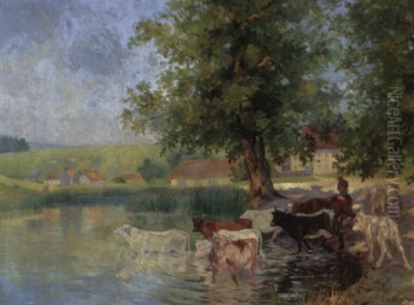 An Der Furt Oil Painting by Walter Stoitzner