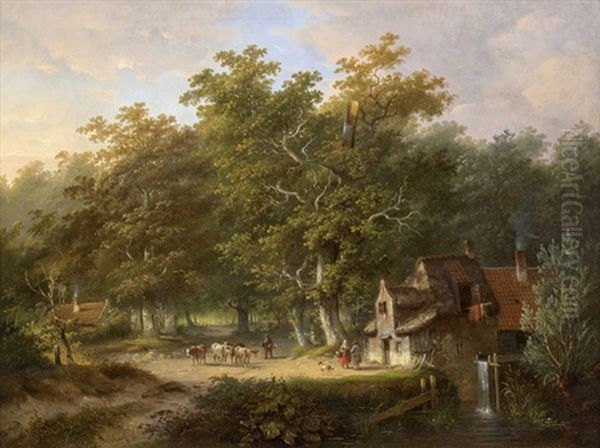 Waldlandschaft Mit Bauernhausern Oil Painting by Jacobus Van Der Stok