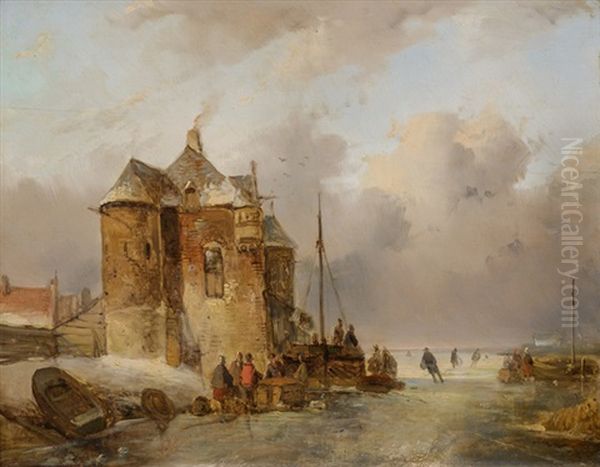 Winterliches Eisvergnugen Auf Einem Zugefrorenen Kanal An Einem Dorf Oil Painting by Jacobus Van Der Stok