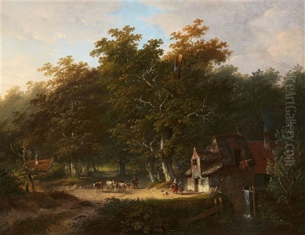 Wooded Landscape With Cottages Oil Painting by Jacobus Van Der Stok