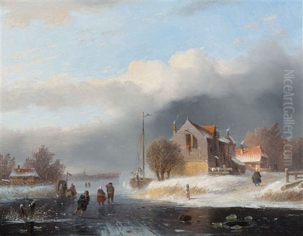 Icescape With Skaters And Koek-en-zopie Stand Oil Painting by Jacobus Van Der Stok