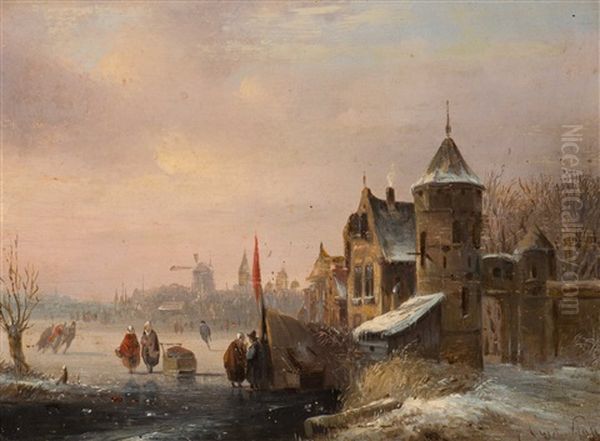 Dutch Entertainment On The Ice With Skaters And Koek-en-zopie Oil Painting by Jacobus Van Der Stok