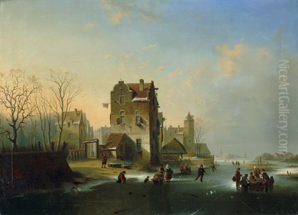 Winterliche Flusslandschaft Mit Eislaufern Oil Painting by Jacobus Van Der Stok