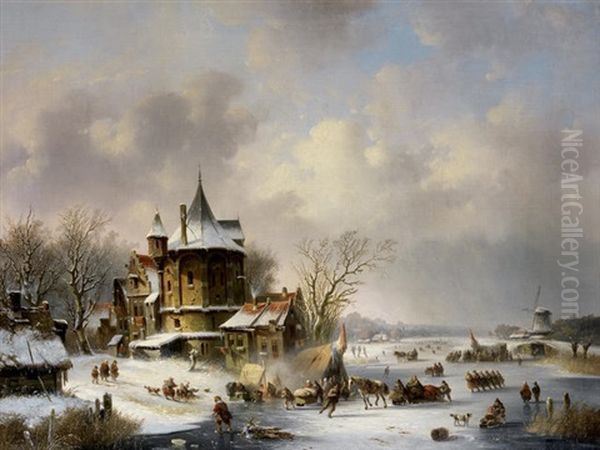 Figures On A Frozen Waterway With Townscape Oil Painting by Jacobus Van Der Stok