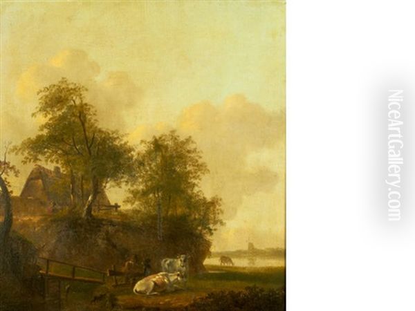 Drovers Resting With Cattle Before A River, A Farmhouse In The Distance Oil Painting by Jacobus Van Der Stok