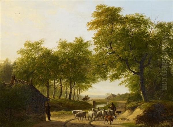 Dorfweg Mit Schafherde Oil Painting by Jacobus Van Der Stok