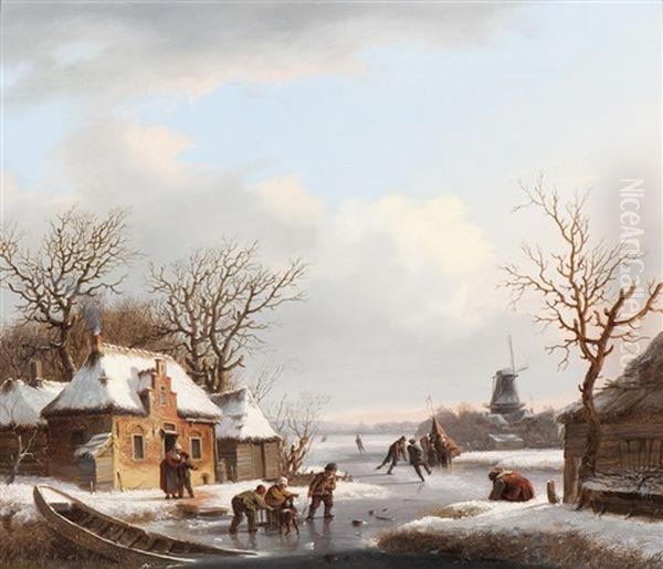 Icescape With Koek-en-zopie Vendors Oil Painting by Jacobus Van Der Stok