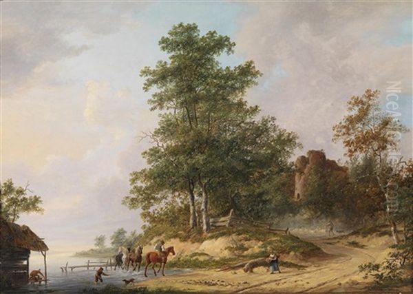 Reiter An Einer Furt Oil Painting by Jacobus Van Der Stok