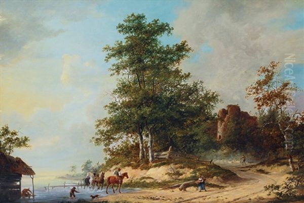 Horsemen In Front Of A Castle Ruin Oil Painting by Jacobus Van Der Stok