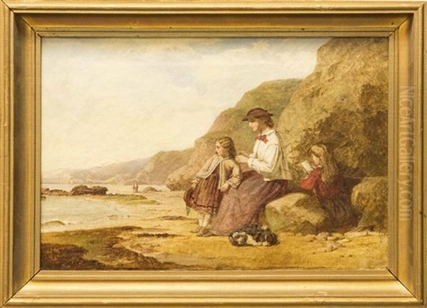 Strandmotiv Med Kvinna, Barn Och Hund Oil Painting by James Stokeld