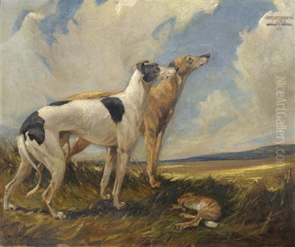 Two Greyhounds With A Hare In A Landscape Oil Painting by George Vernon Stokes