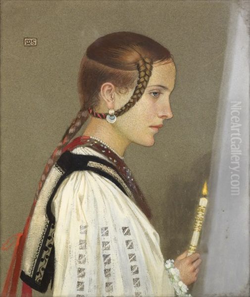 A Romanian Bridesmaid Oil Painting by Marianne (Preindlsberger) Stokes