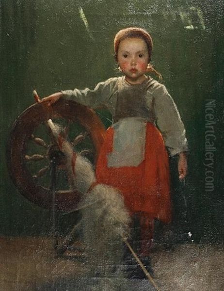 Young Girl With A Spinning Wheel Oil Painting by Marianne (Preindlsberger) Stokes