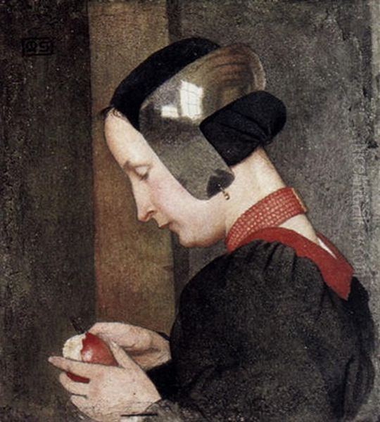 A Portrait Of A Lady Peeling An Apple Oil Painting by Marianne (Preindlsberger) Stokes