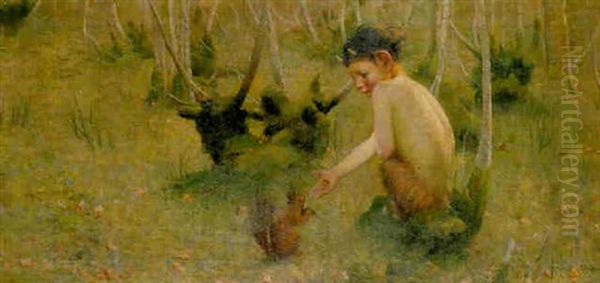 A Faun Feeding A Squirrel Oil Painting by Marianne (Preindlsberger) Stokes