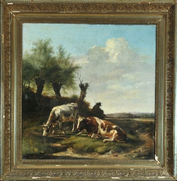 Hirte Mit Zwei Kuhen Auf Der Weide by Hendrik Stokvisch