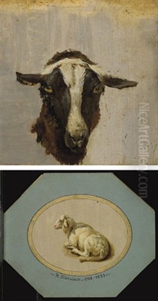 Une Tete De Chevre (+ Un Mouton Assis, Lrgr; 2 Works) Oil Painting by Hendrik Stokvisch