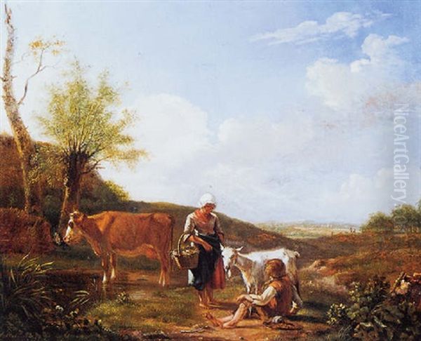 Rustend Herderspaar Met Vee Bij Een Beek Oil Painting by Hendrik Stokvisch