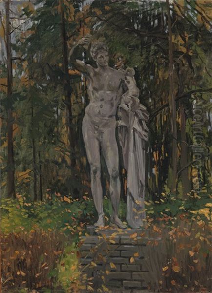 Statue Of Hermes In A Garden Oil Painting by Evgeniy Ivanovich Stolitsa