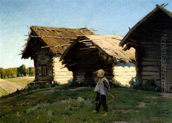 En Bondedreng Foran Nogle Traehytter I Et Marklandskab Oil Painting by Evgeniy Ivanovich Stolitsa