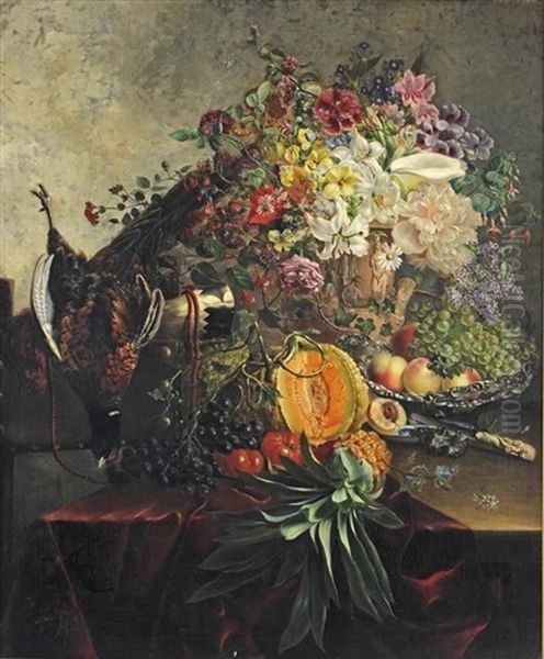 Lillies, Roses, Peonies, Syringes And Morning Glory In A Sculpted Earthenware Vase, With Hunting Paraphernalia And A Pheasant Oil Painting by Alida Elizabeth van Stolk