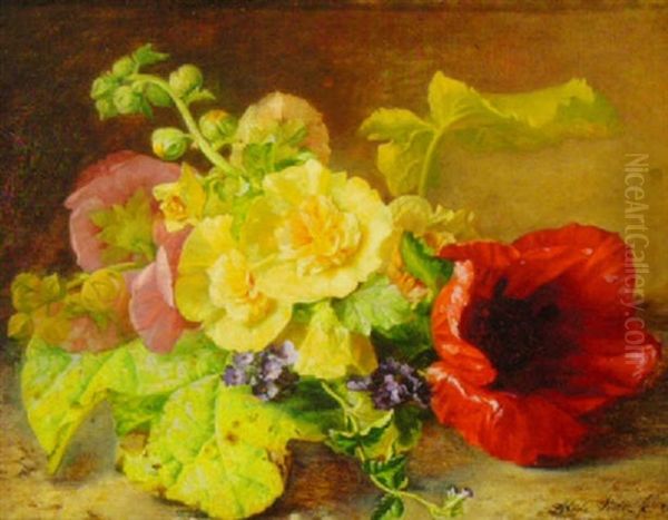 Poppies, Hollyhock And Primrose In Nature Oil Painting by Alida Elizabeth van Stolk