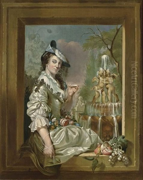 A Portrait Of An Elegant Lady Seated In A Stone Window, Wearing A White Satin Low Necked Dress by Jan Stolker