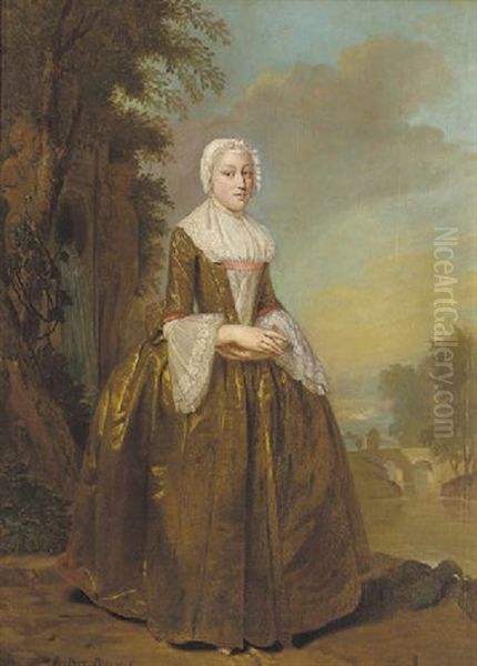 Portrait Of A Lady In A Green Dress, In A Landscaped Garden Oil Painting by Jan Stolker