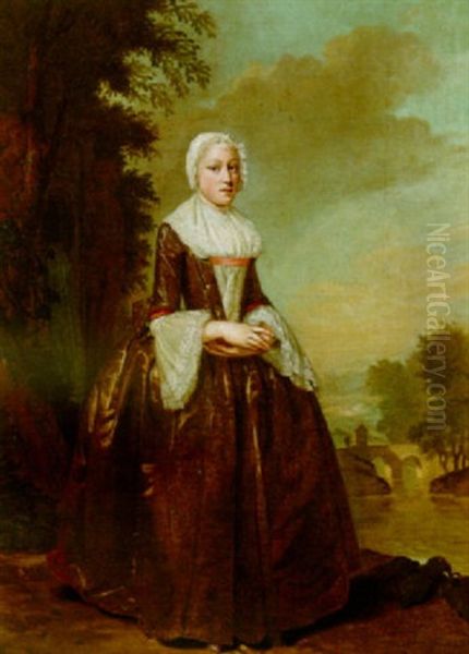 A Portrait Of A Lady, Wearing A Brown Dress With A Lace Chemise, In A Park Landscape Oil Painting by Jan Stolker