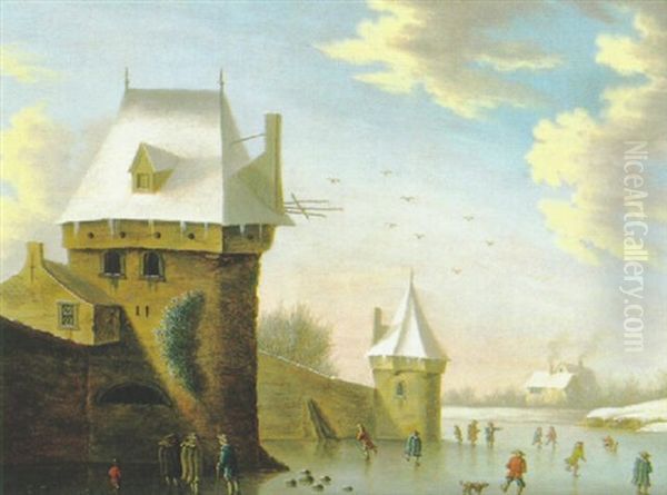 Eislaufer Vor Den Mauern Einer Stadt Oil Painting by Jan Stolker